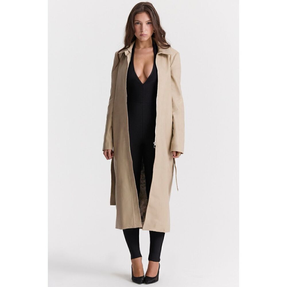 House of CB Ariel Women's Beige Belted Vegan Leather Trench Coat Small NWOT